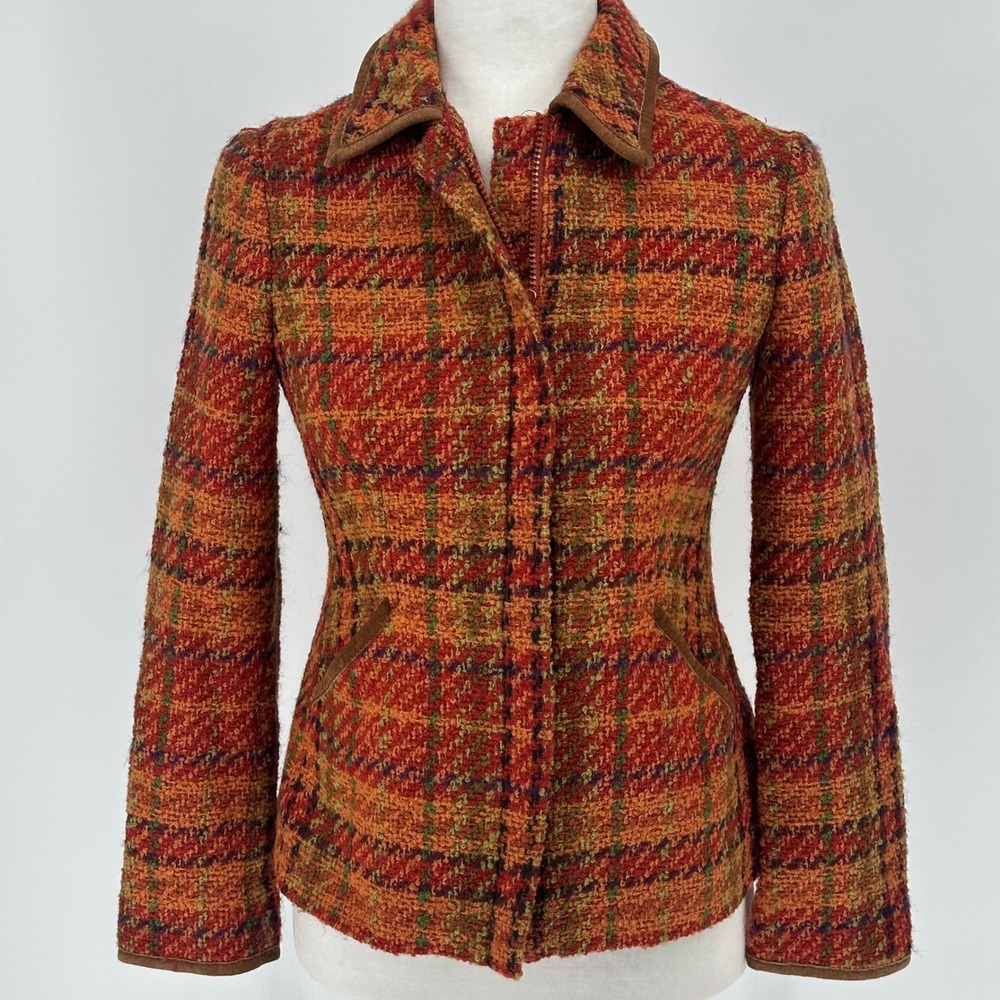 Philosophy di Alberta Ferretti Orange Red Plaid Tweed Blazer